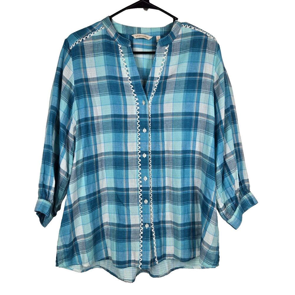 Soft Surroundings Women's Size Large Blue Plaid Button Up‎ Embroidered Shirt